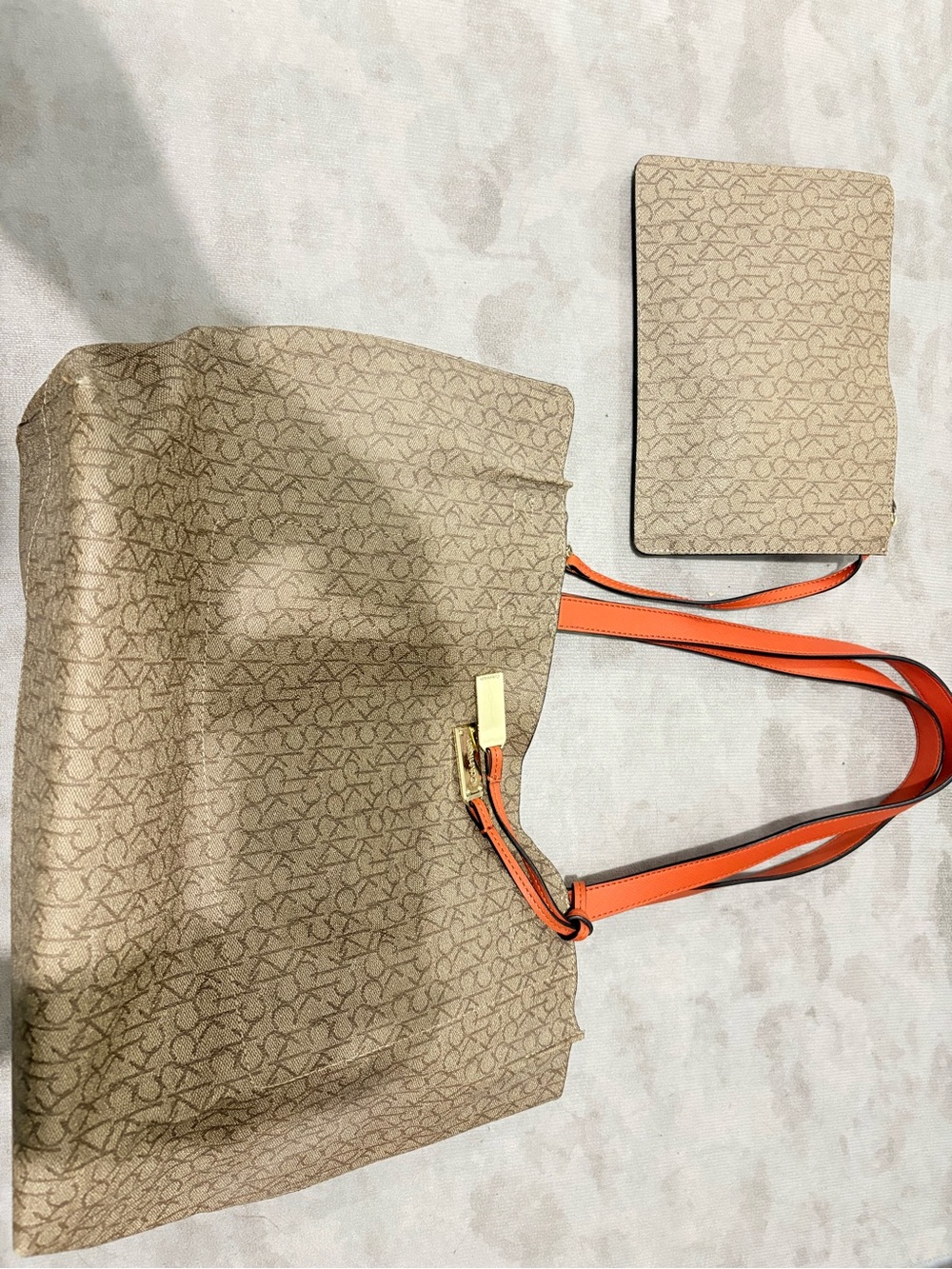 CK Calvin  Tan Monogram Tote with Orange Straps